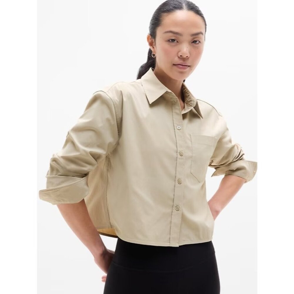 New Athleta M Midday Cropped Poplin Shirt Ercu Tan Medium